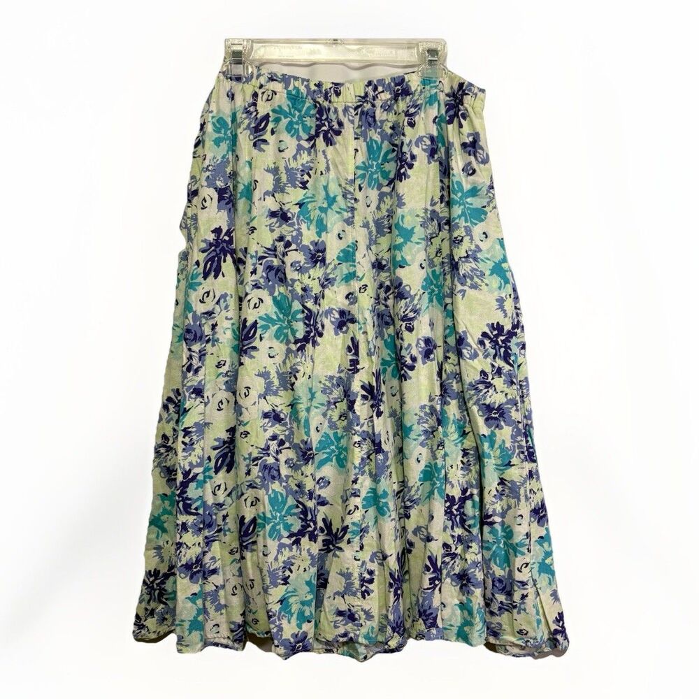 Woman Within Womens Linen Blend Floral Midi Skirt L 18/20 Modest Coastal Cottage